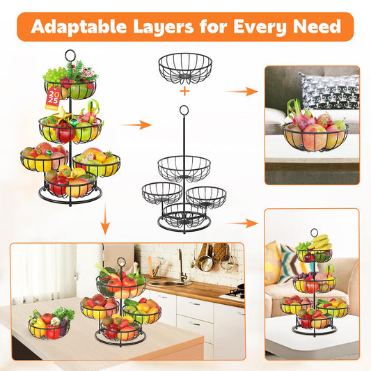PouHenier.jh 5 floors Black Fruit Basket, Large Multi-layer Kitchen Vegetable Basket, High Metal Fruit Vegetable Stand Storage Fruit Rack, Modern Sturdy Square Fruit Container, Easy Setup