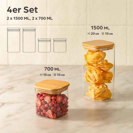 Praknu glass jars with lids - set of 4 square jars - airtight with bamboo lids - borosilicate glass storage containers in 2 sizes - kitchen storage jars