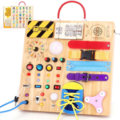 23 in 1 Busy Board Montessori toy from 1 year old Activity Board toy from 2 3 years old Wooden toy Sensory toy with 15 switches, 26 LED lights, music box, lock, zipper, shoelaces