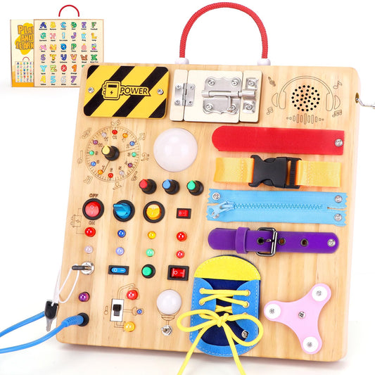 23 in 1 Busy Board Montessori toy from 1 year old Activity Board toy from 2 3 years old Wooden toy Sensory toy with 15 switches, 26 LED lights, music box, lock, zipper, shoelaces