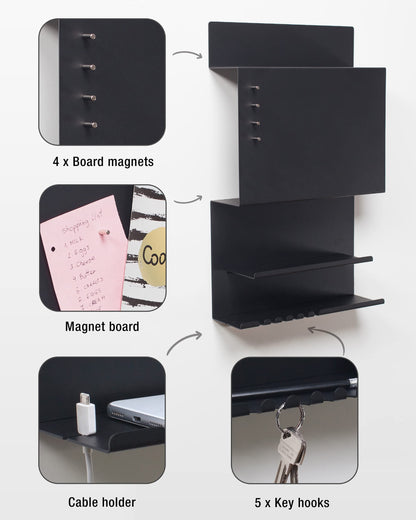 Offer wall organizer Hepe made of steel structure. 30 x 9 x 49 cm 3-in-1 wall shelf with magnetic board and magnets. Board for keys, newspapers, and notes. Black color.