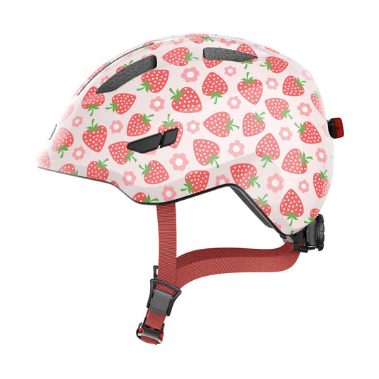 ABUS Kids Helmet Smiley 3.0 LED - Bike Helmet with Light - snug fit for ponytails - for girls and boys - Pink with Strawberry design, Size S, S (45-50 cm)