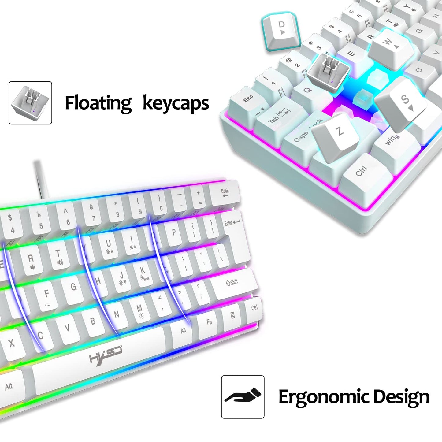 60% wired RGB gaming keyboard, 61-key mini keyboard with 11 RGB Chroma backlighting, floating ABS keycaps, full anti-ghosting keys, mechanical USB keyboard