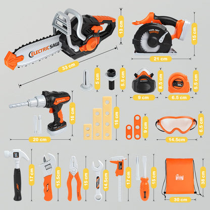 Vanplay tool box kids toy for ages 3 and up. Includes tools like chainsaw, electric drill, and circular saw. Perfect for children ages 3, 4, 5, and 6.