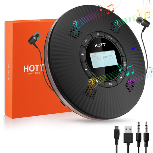 HOTT Portable Bluetooth CD Player with 4 Speakers and FM Transmitter, Anti-Skip Portable CD Player, 1800mAh Rechargeable Small with Headphones for Car, Home.