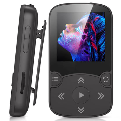 AGPTEK MP3 Player Bluetooth 5.3 Sport 32GB with 1.5 inch TFT color screen, Mini Music Player with clip, supports up to 128GB TF card, with volume button, FM radio, pedometer, Black.