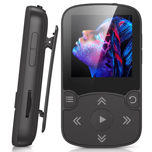 AGPTEK MP3 Player Bluetooth 5.3 Sport 32GB with 1.5 inch TFT color screen, Mini Music Player with clip, supports up to 128GB TF card, with volume button, FM radio, pedometer, Black.
