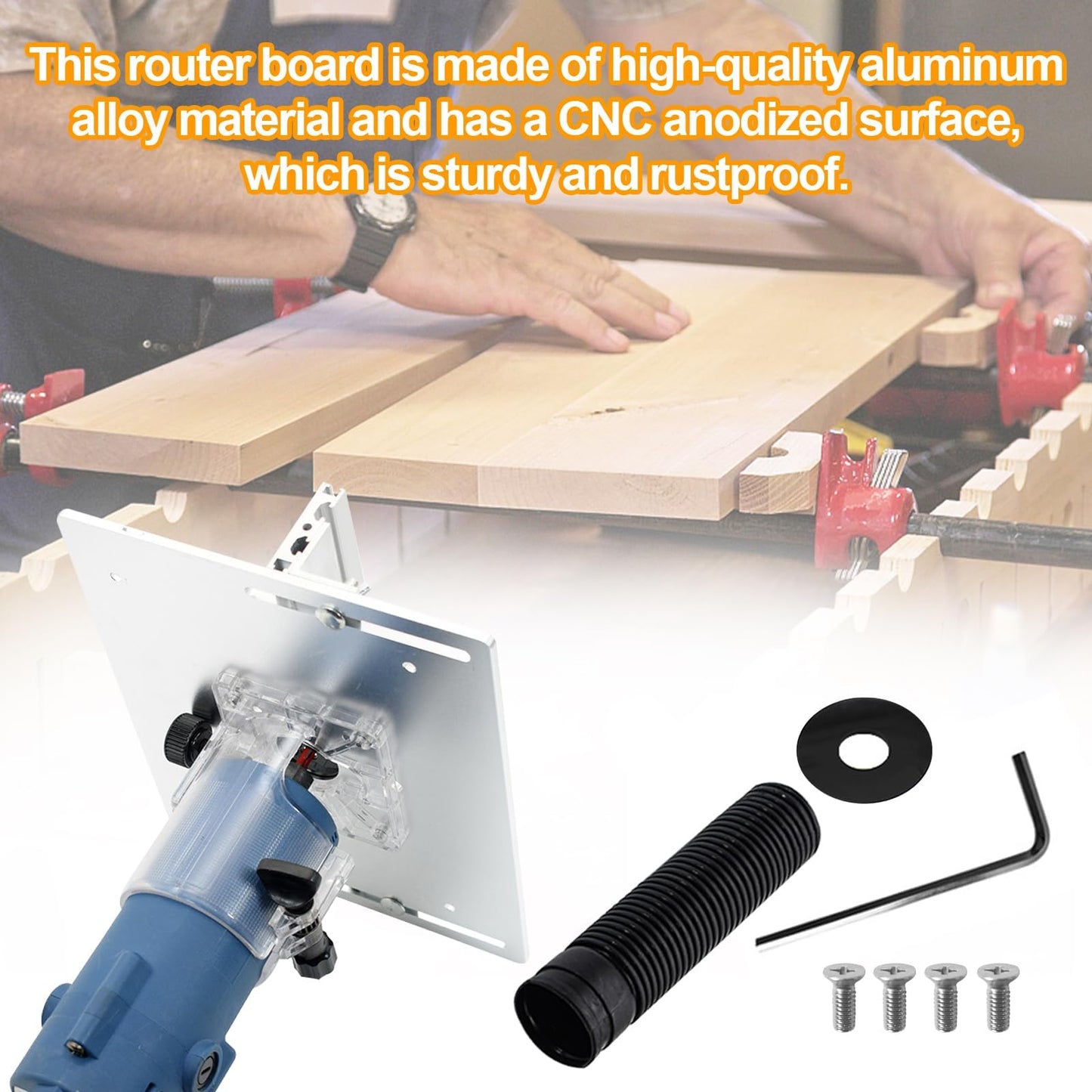Set of 3 router table insert plates made of aluminum alloy. Includes router table insert plate for routers, silver engraving aid tool, and miter gauge.