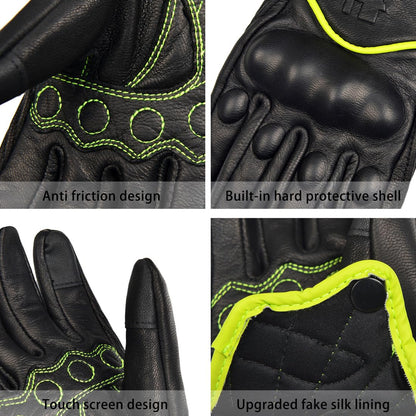 Harssidanzar Women's Full Finger Goatskin Leather Touchscreen Motorcycle Gloves GL016EU, Yellow Green, Size XS
