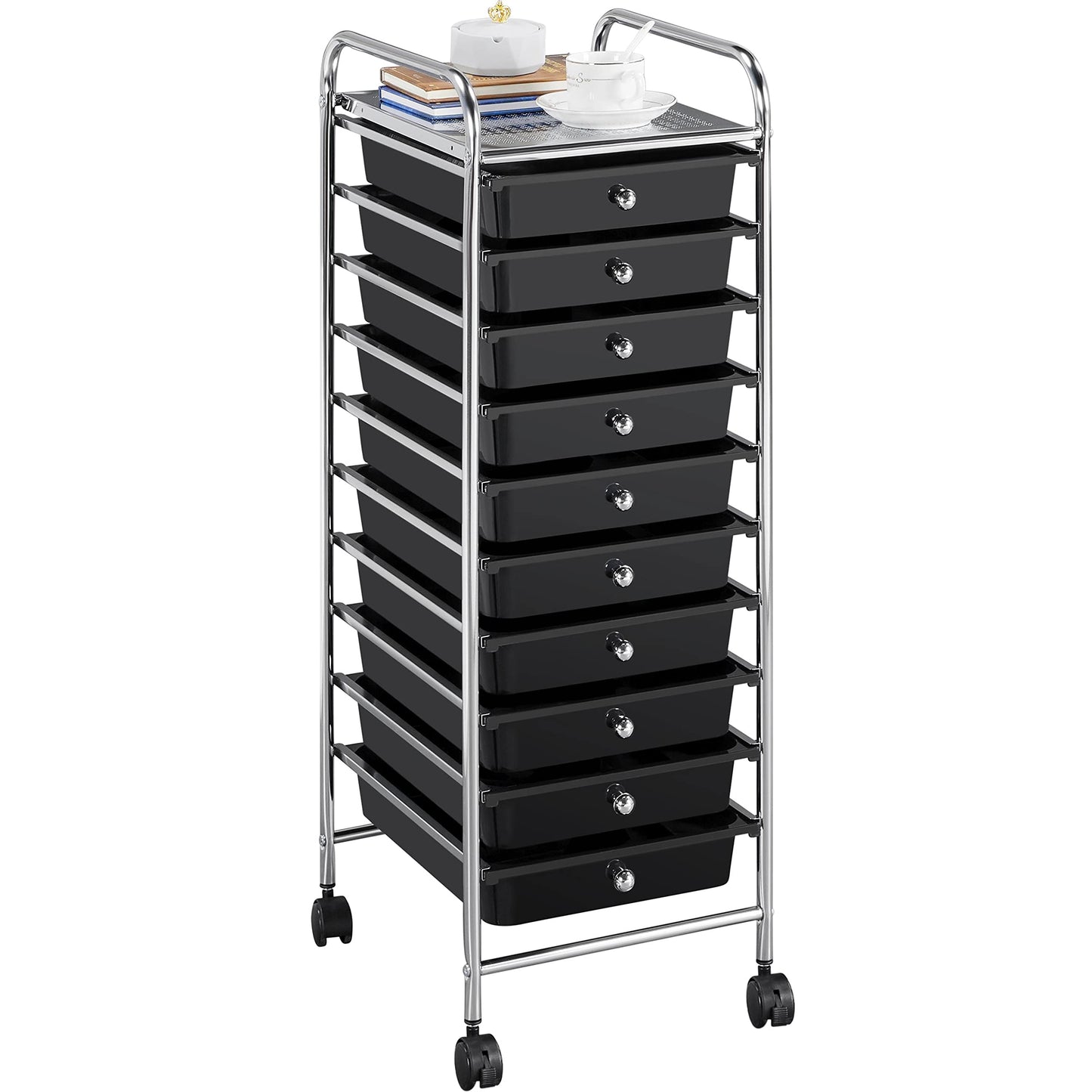 Yaheetech bathroom cart with 10 stackable drawers and metal frame. Bathroom trolley with shelves, 32×36.5×90.5 cm black.