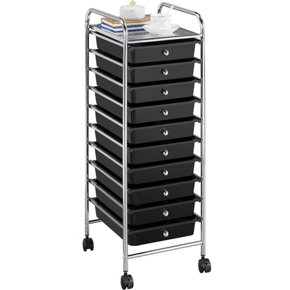 Yaheetech bathroom cart with 10 stackable drawers and metal frame. Bathroom trolley with shelves, 32×36.5×90.5 cm black.