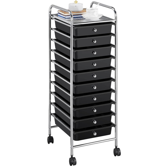 Yaheetech bathroom cart with 10 stackable drawers and metal frame. Bathroom trolley with shelves, 32×36.5×90.5 cm black.