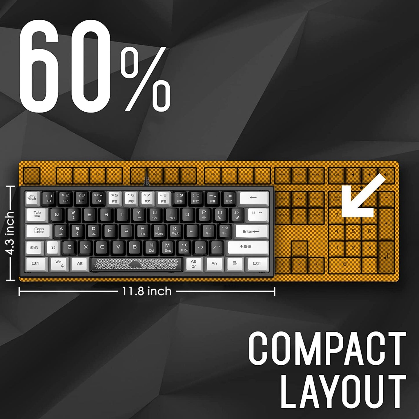 Mini 60% gaming keyboard, membrane game keyboard with semi-mechanical keys, optical RGB chroma backlit compact 62 keys double color keycap, QWERTY layout for PC laptop Mac computer - Black & White.