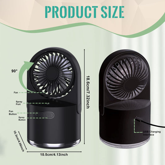 Mini fan with cooling mist, portable USB desktop fan air cooler with cooling mist, 3 wind modes, 7 color night lights, table fan for home, office, work, outdoor travel