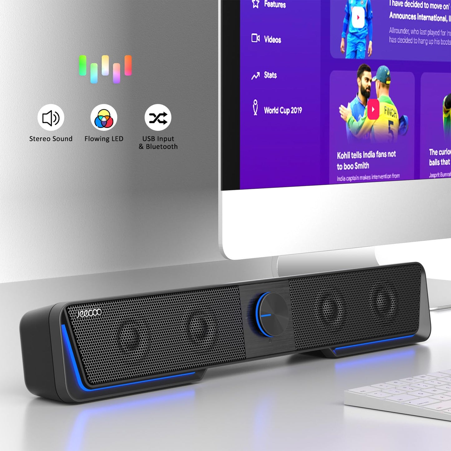 Jeecoo A40 PC speakers, portable computer speakers in black, 2.0 PC soundbar with USB operation and Bluetooth mode for smartphones and mobile devices, PC.