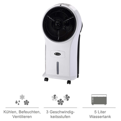 BE COOL air cooler with water cooling, 3-in-1 evaporative cooler, humidifier, fan, 3 speeds, 5 liter water tank, 45 watts, 1050 m³/h, timer, remote control, white/black, BCP5AC2101F.