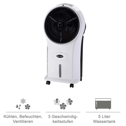BE COOL air cooler with water cooling, 3-in-1 evaporative cooler, humidifier, fan, 3 speeds, 5 liter water tank, 45 watts, 1050 m³/h, timer, remote control, white/black, BCP5AC2101F.
