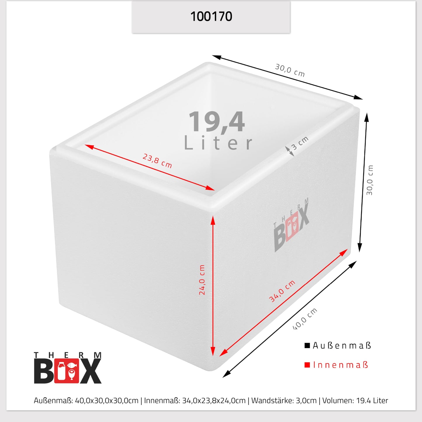 THERM-BOX Styrofoam box 19W Inside: 34x23x24cm Wall: 3cm Volume: 19.58L Insulated box Cooler box Insulated lunch box Reusable