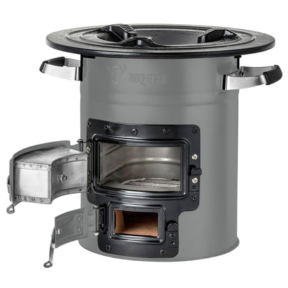 BBQ-Toro Rocket Stove ROCKET #2, Grey | Rocket Stove for Dutch Ovens, grill pans, and more | Rocket stove with firewood rack and air intakes | Fire pit for Dutch Ovens.