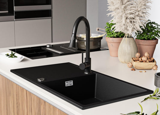 PRIMAGRAN granite sink black 90x50cm, granite sink 1 bowl + drain set, kitchen sink from 60cm base cabinet - Ibiza S034