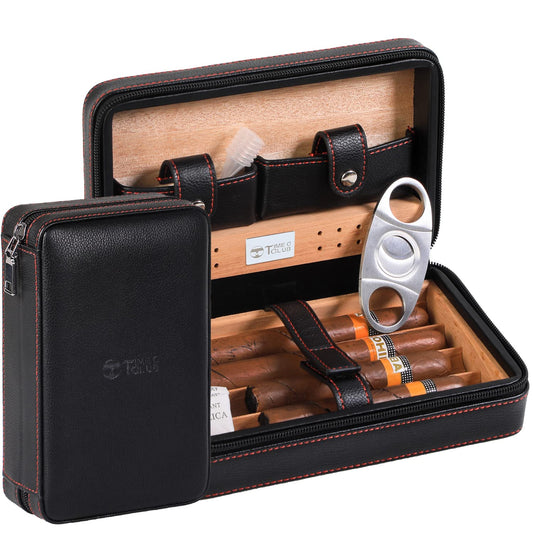 Time C club 4 Finger Portable Travel Cigar Case made of leather, Cigar Humidor with cigar cutter and humidifier, Best Man gift, Birthday gift, Father's Day gift
