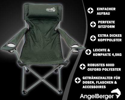 Luxury folding chair with drink holders, padding, and armrests in green.