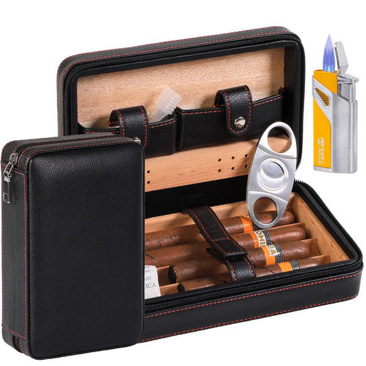 4-finger portable travel leather cigar case, cigar cutter, cigar humidifier with cigar cutter and humidifier, best man gift, birthday gift.