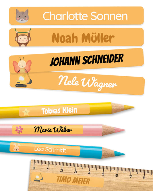 melu kids® name stickers for school & daycare (225 pieces) - personalized stickers with names for pencils and all school supplies - waterproof in dishwasher (orange)