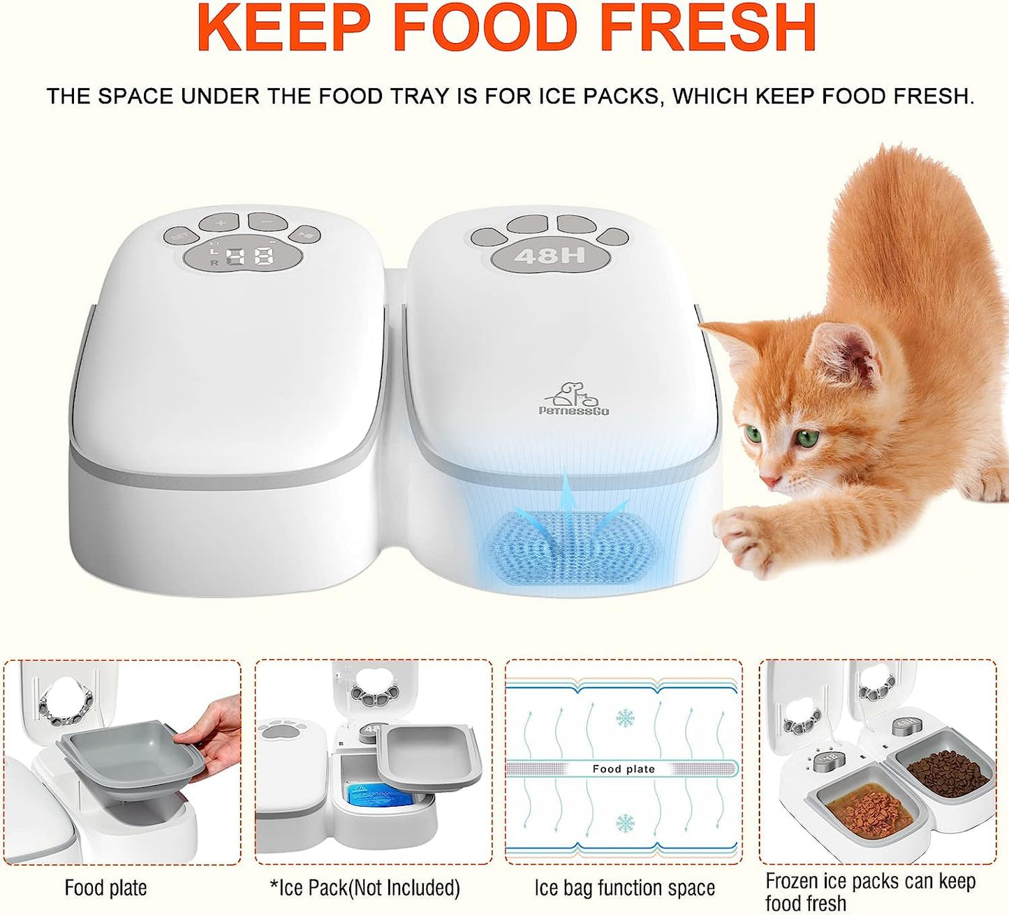 Automatic pet feeder for cats and dogs, 2 in 1 Upgraded Chip Timed Dry Pet Food Feeder with display, 48 hours freshness for semi-moist food, healthier meal for all pets.