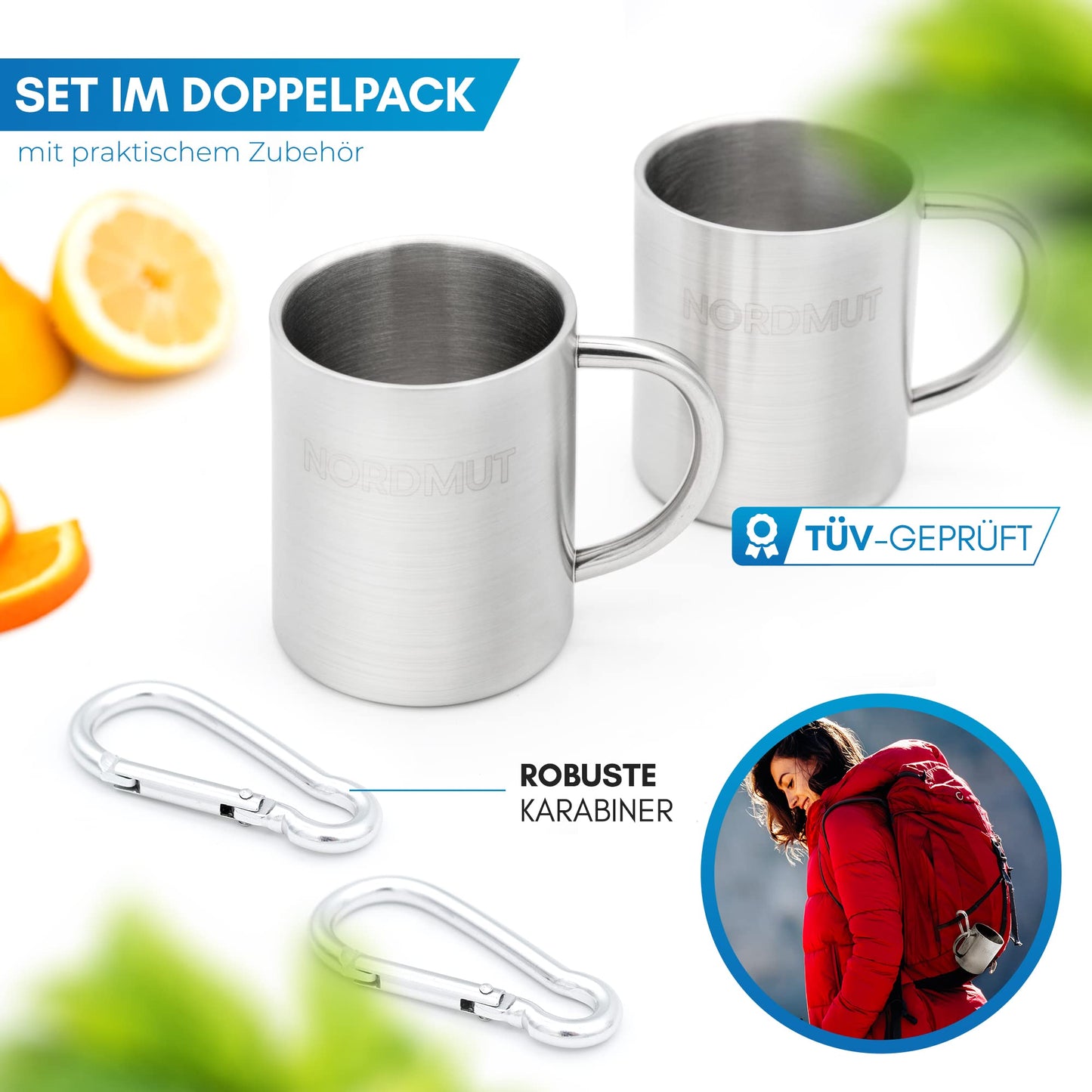NORDMUT® Stainless Steel Thermos Mug [2-pack] Camping Cup | sustainable stainless steel cup | double-walled insulated coffee mug BPA free | cup set for camping & outdoor [2 x 400 ml]