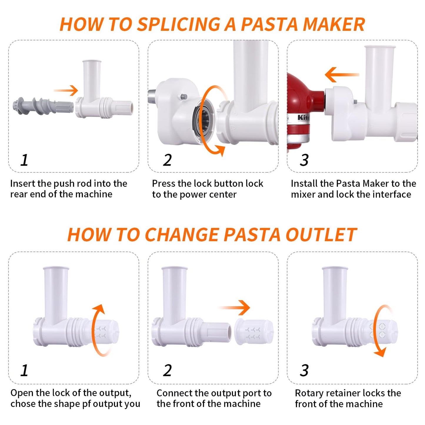 Pasta Maker Attachment for KitchenAid Stand Mixer, 6 different shapes of pasta output, durable pasta press attachments and cleaning brush, White.