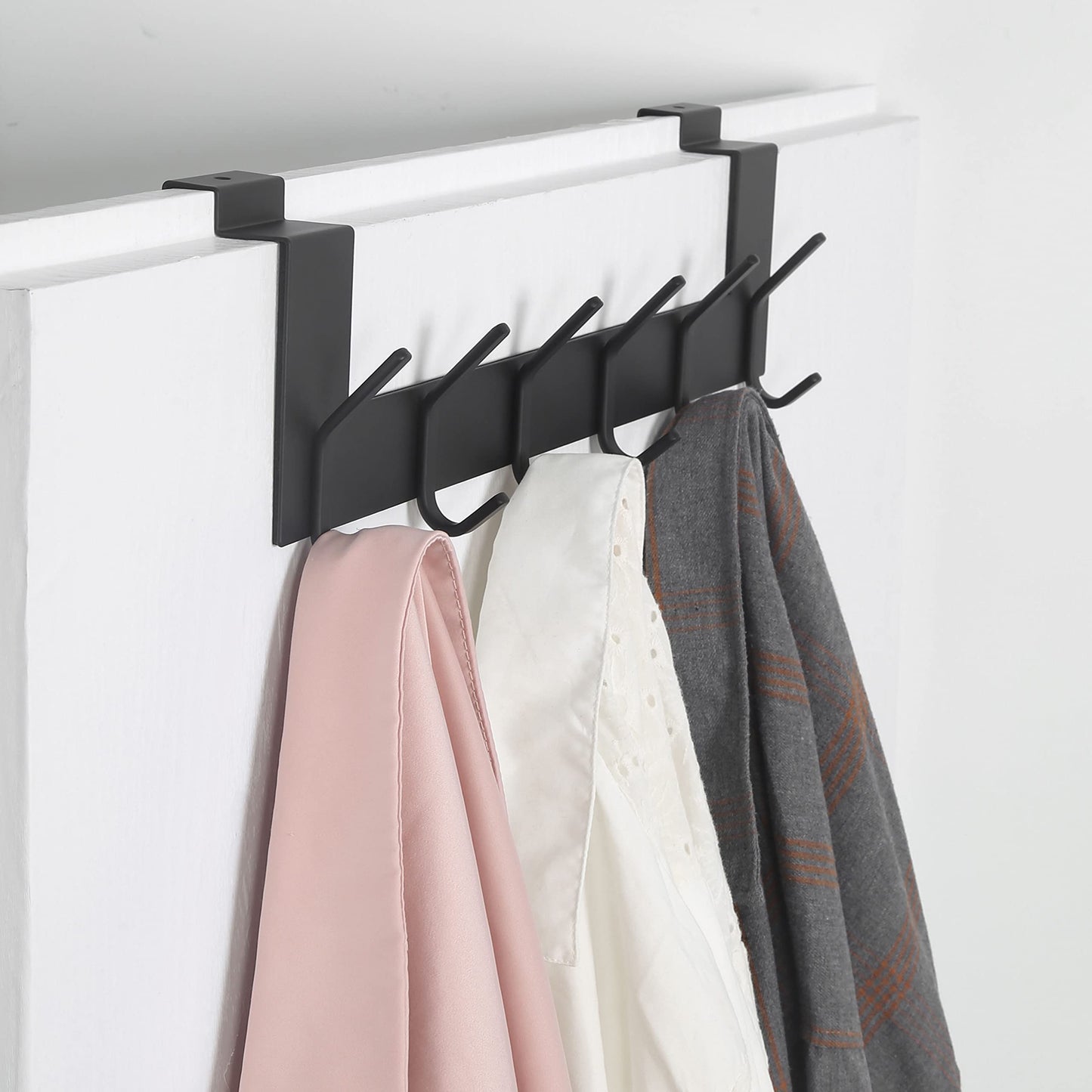 SKOLOO Door Hooks with 6 Hooks, Metal Over Door Hook Rack Inside - 2 Pack Coat Hooks for Towel Holder, Coats, Black
