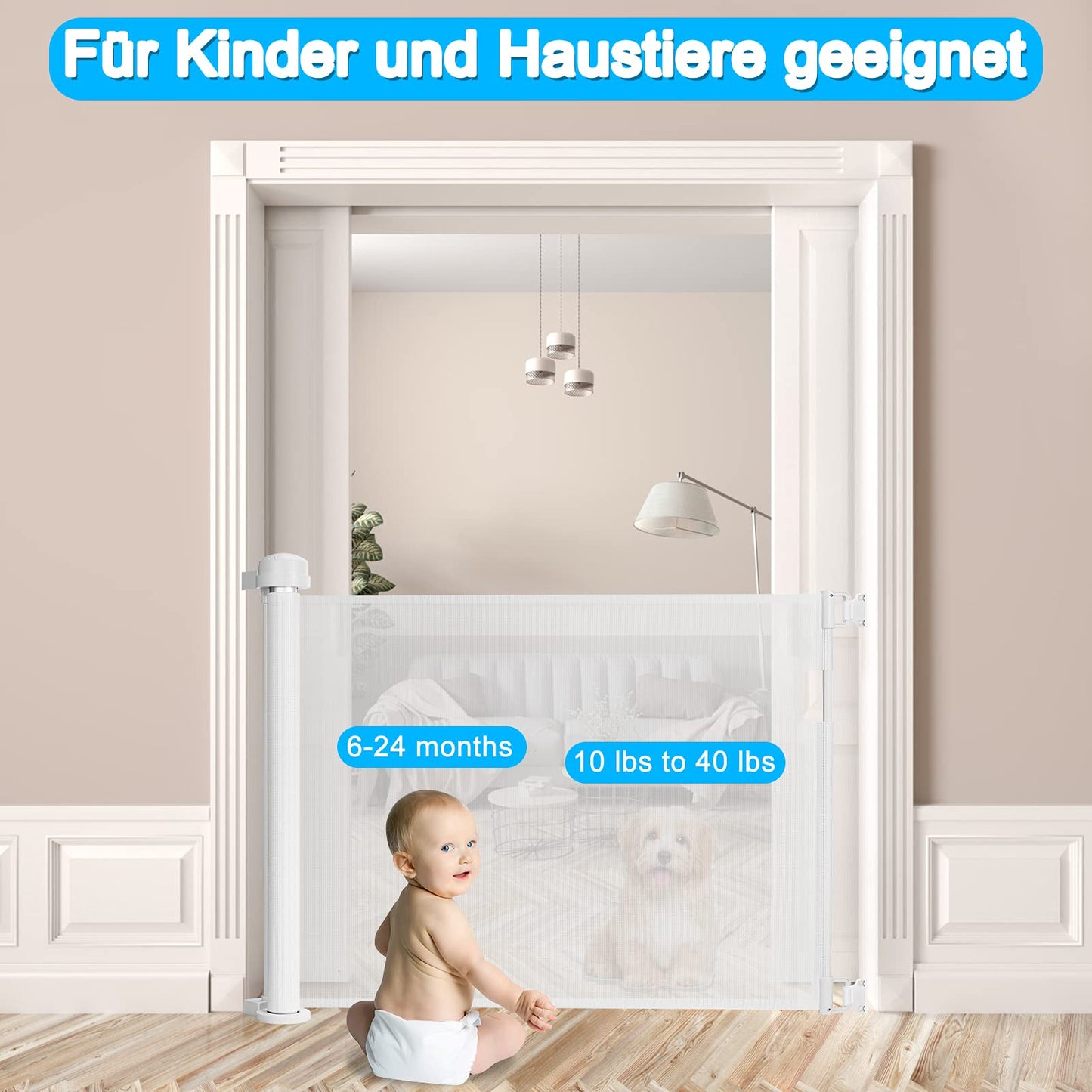 Froadp PVC door guard, retractable baby gate for children and pets, retractable stair safety blind, dog barriers door gate, mobile safety barrier (0-180cm, white)