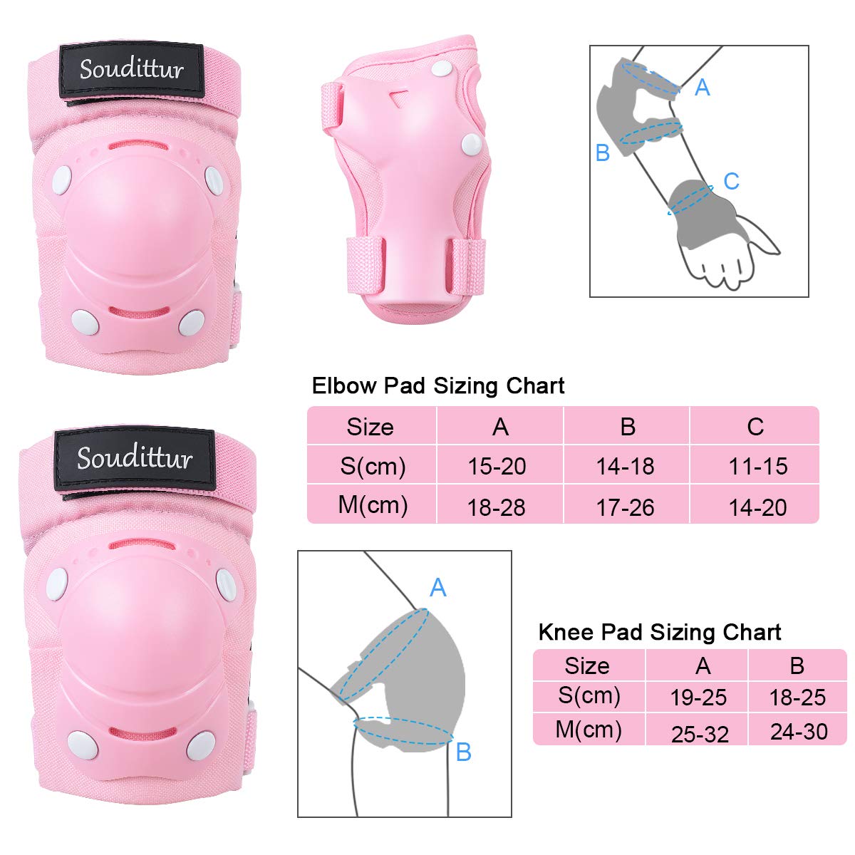 Soudittur Kids Knee Pads Inline Skates Protectors Set 3 IN 1 Children's Knee Elbow Wrist Guards Set for Inline Skates Roller Skates Skateboarding Scooter Riding (Pink, M)