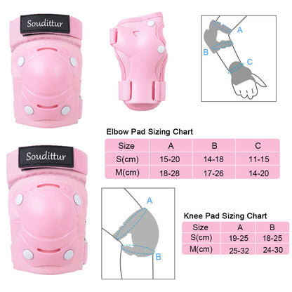 Soudittur Kids Knee Pads Inline Skates Protectors Set 3 IN 1 Children's Knee Elbow Wrist Guards Set for Inline Skates Roller Skates Skateboarding Scooter Riding (Pink, M)