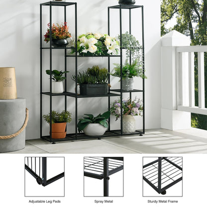 HUSFITLY metal flower rack, 4 tiers, 11 pots plant stand indoor outdoor, 120cm high waterproof flower stand, multi-tiered plant stand for garden balcony living room courtyard, black