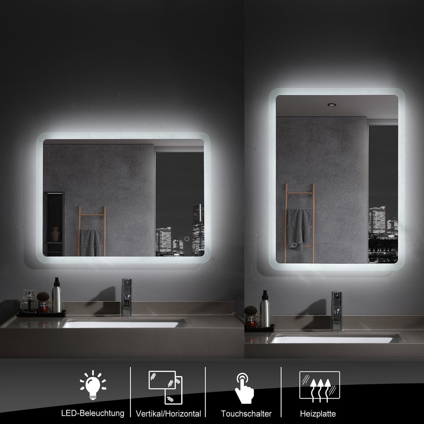 MEESALISA bathroom mirror 120x70 cm with lighting Large wall mirror LED mirror with touch Cool white, anti-fog, dimmable for bathrooms, living rooms