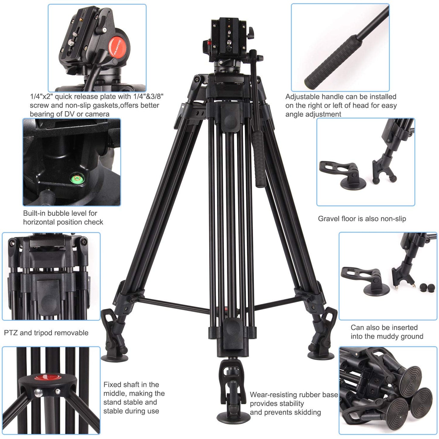 POLAM-PHOTO 163cm Professional Video Tripod with Fluid Head, High-performance Aluminum Double Tube Tripod, Load Capacity 8kg, Durable Tripod for Video Cameras
