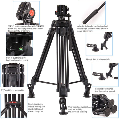 POLAM-PHOTO 163cm Professional Video Tripod with Fluid Head, High-performance Aluminum Double Tube Tripod, Load Capacity 8kg, Durable Tripod for Video Cameras