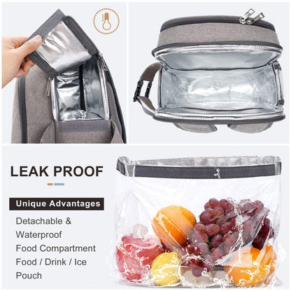 HappyPicnic Insulated picnic backpack for 4 people with complete tableware, spacious cooler compartment, bottle holders, and large waterproof picnic blanket.