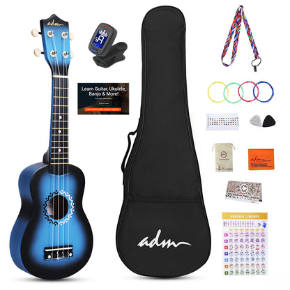 ADM Soprano Ukulele Set for kids and beginners, Ukulele starter kit with bag, tuner, rainbow strings, colorful strap, pick, fretboard stickers, chord chart (Blue)
