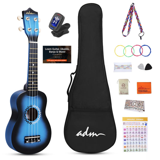 ADM Soprano Ukulele Set for kids and beginners, Ukulele starter kit with bag, tuner, rainbow strings, colorful strap, pick, fretboard stickers, chord chart (Blue)