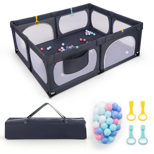 DREAMADE Playpen for Baby, 189 x 158 cm Play Yard with 4 Pull Rings & 50 Ocean Balls & Carrying Bag, Large Safety Fence for Babies & Toddlers 0-3 Years (without Mattress, Dark Gray)