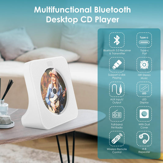 Gueray Portable CD Player with Bluetooth Desktop CD Player with 4000mAh Battery for Home Built-in Dual HiFi Speakers AUX Headphone Jack FM Radio with Remote Control USB Port