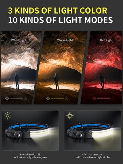 Smiling Shark headlamp, 230° wide angle 3-color LED strip 2 pack headlight rechargeable with waterproof headlamp for camping, jogging, fishing, LED headlight camping headlamp