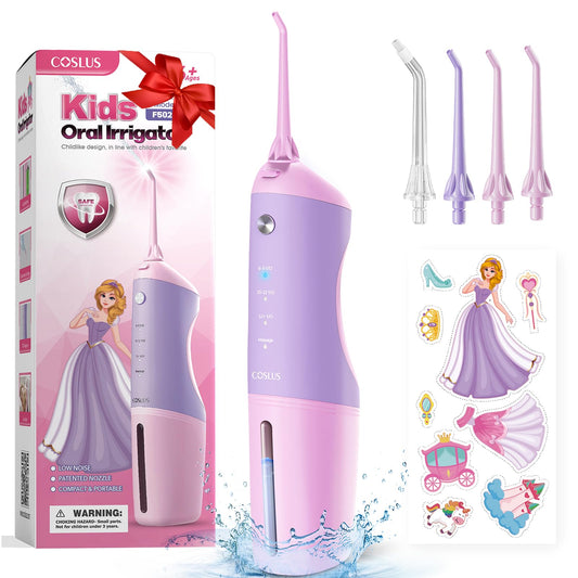 COSLUS Kids Water Flosser, Portable Oral Irrigator, Deep Cleaning Toothpick, 4 Modes for Ages 6+, Waterproof, Rechargeable, with 4 Jet Tips for braces care.