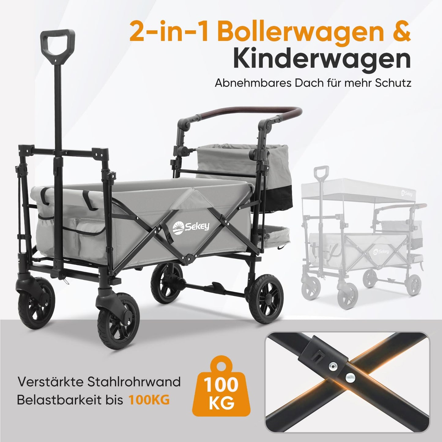 Sekey Folding Wagon with Canopy 2 Kids 220 lbs, Foldable Handcart with Push Handle, Stroller Shockproof PU Wheels with Brakes 110L, SS5050, Gray