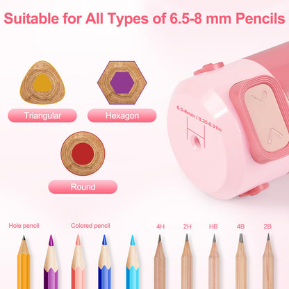Comius Sharp Fully Automatic Electric Pencil Sharpener, Rechargeable Auto-Stop Sharpener for 6.5-8mm Pencils & Colored Pencils, Portable and Safe for Kids, Home, Office, School (Pink)