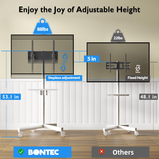 BONTEC Mobile TV stand on wheels for 23-60 inch Plasma/LCD/LED TVs, Portable TV stand with laptop shelf, Height adjustable rolling TV cart up to 25kg, max. VESA 400x400mm (white)