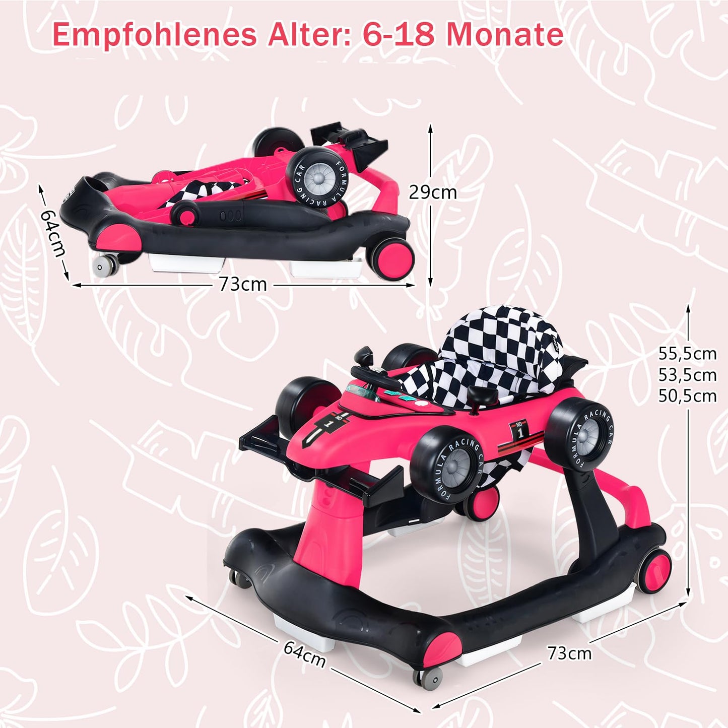 COSTWAY 4 in 1 folding baby walker with adjustable height & speed, music box, lights & wheels, suitable for babies from 6 months, can support up to 12kg weight capacity. Available in pink color.